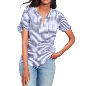 Talbots Linen Cotton Blue White Striped V Neck Tunic Blouse Size M